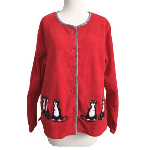 CB Casual Granny Core Cat Christmas Cardigan Sweater Red Polyester Size M NWT - Picture 1 of 4